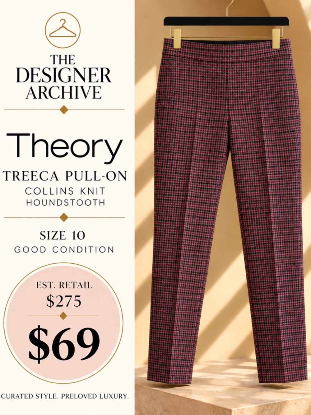 Theory Treeca Pull-On Collins Knit Houndstooth Pants Size 10